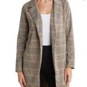 Melloday Mid Length Plaid Open Jacket w/Pockets